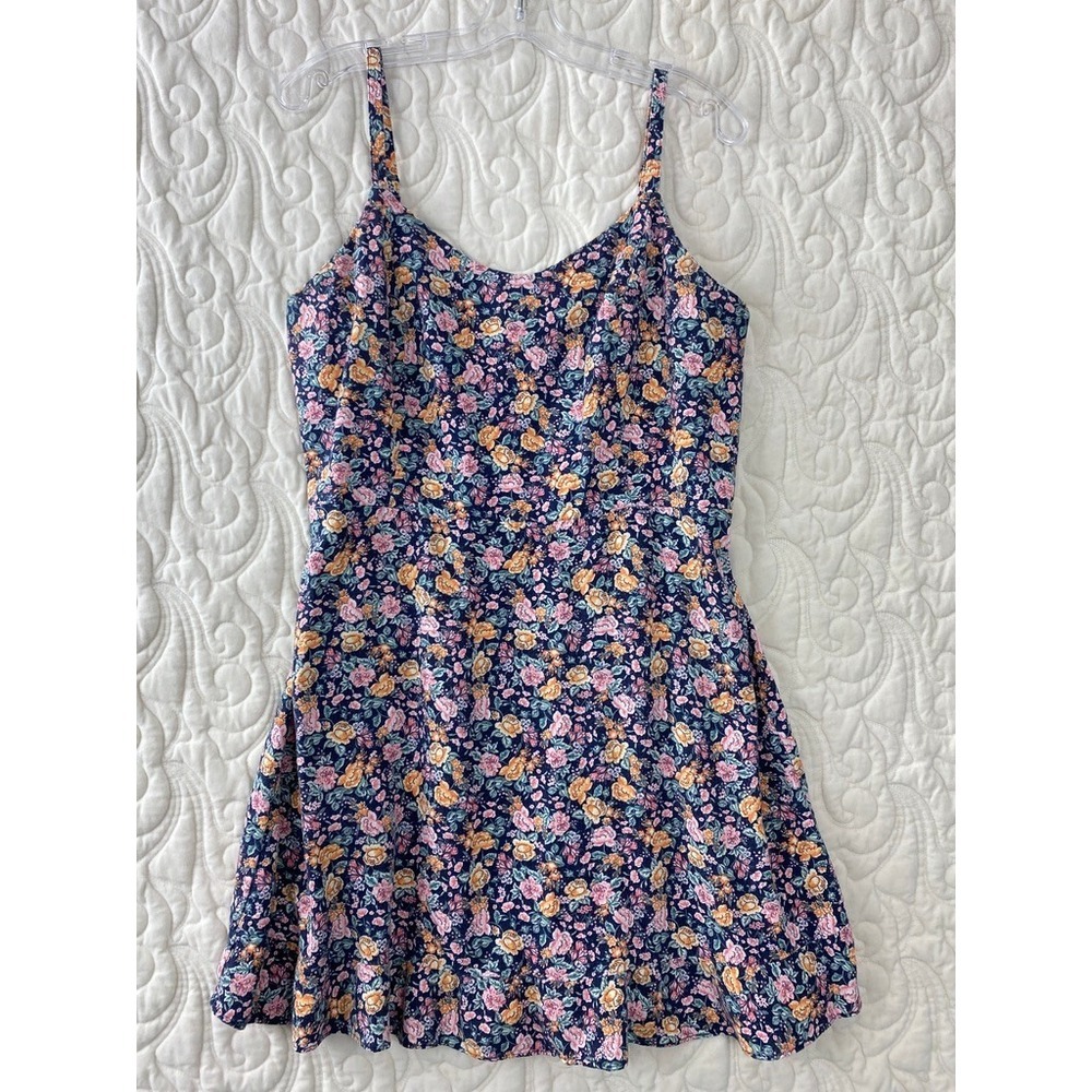 Old Navy Cami Dress Navy Floral Women XL Linen Blend Smocked Ruffle Mini
